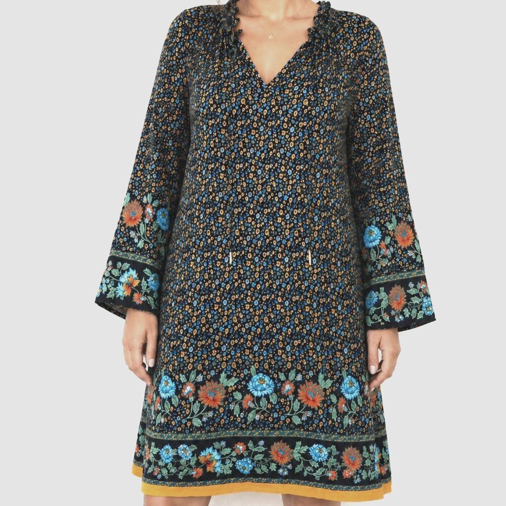 Boho Floral Bell Sleeve Mini Dress Size Medium
